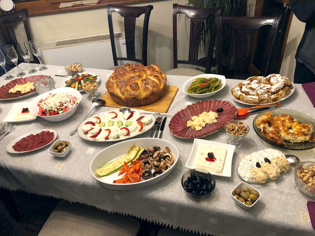 A large spread of Bulgarian food